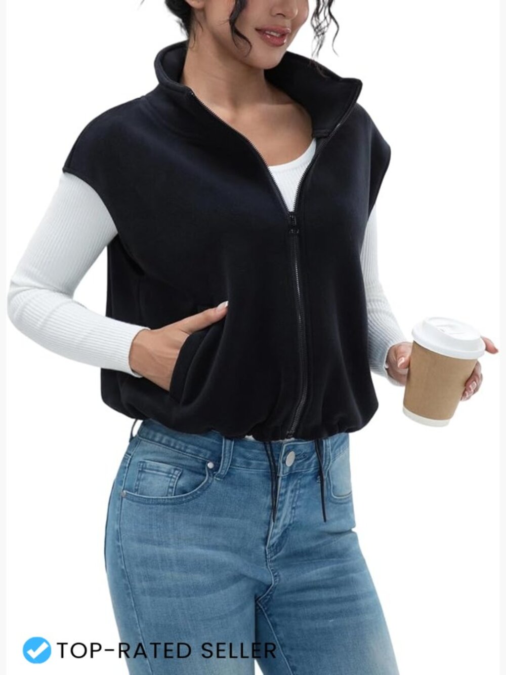 Full Zip Fleece Vest Warm Winter Sleeveless Stand Collar Sherpa Crop Coat